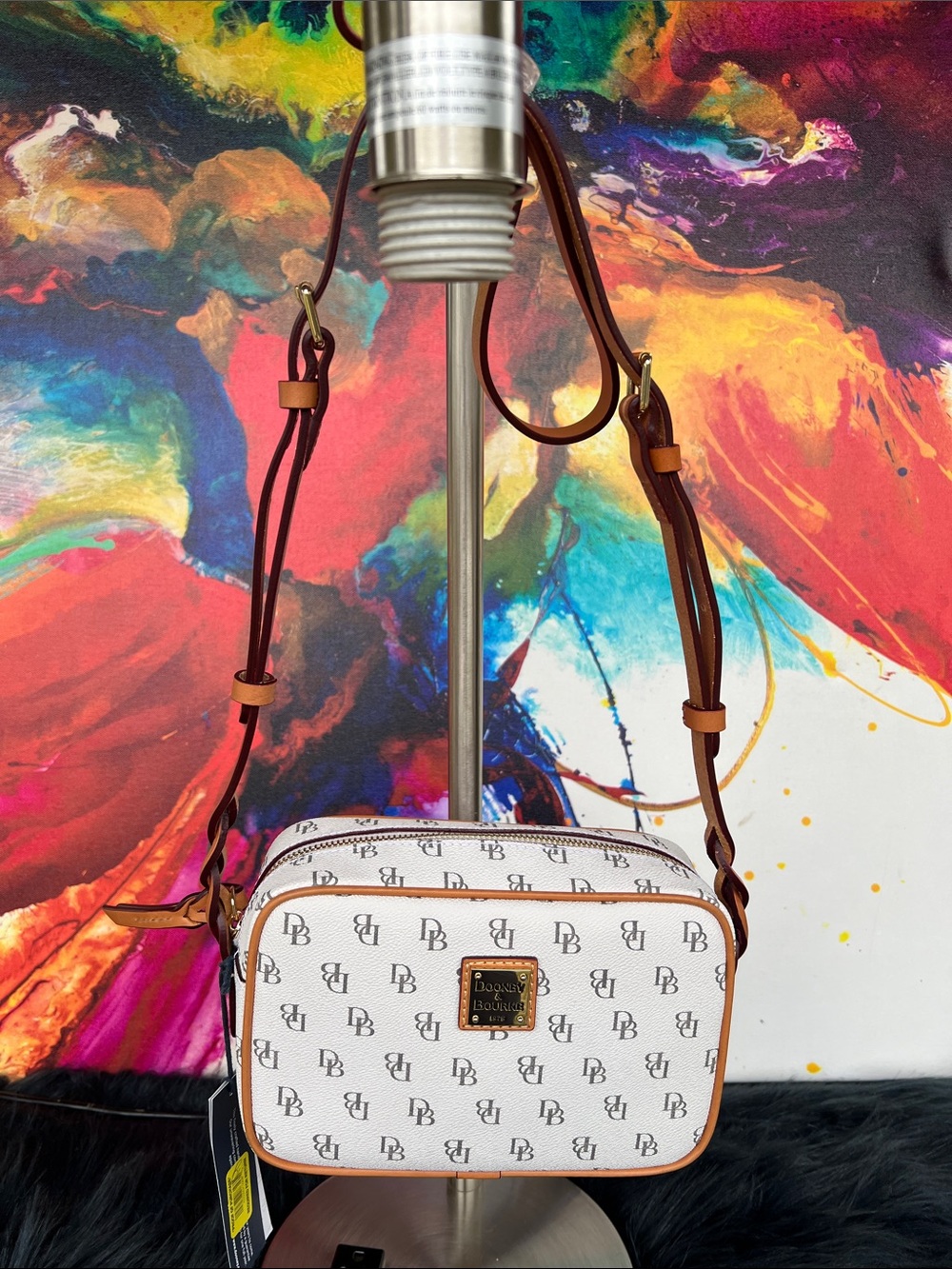 Dooney & Bourke White Logo Crossbody with Brown Trim and Strap